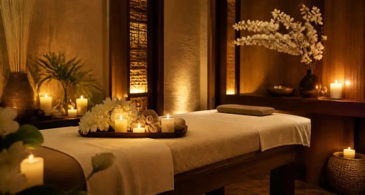 Cabine de spa de luxe pr&ecirc;te pour un massage, &eacute;clair&eacute;e aux bougies