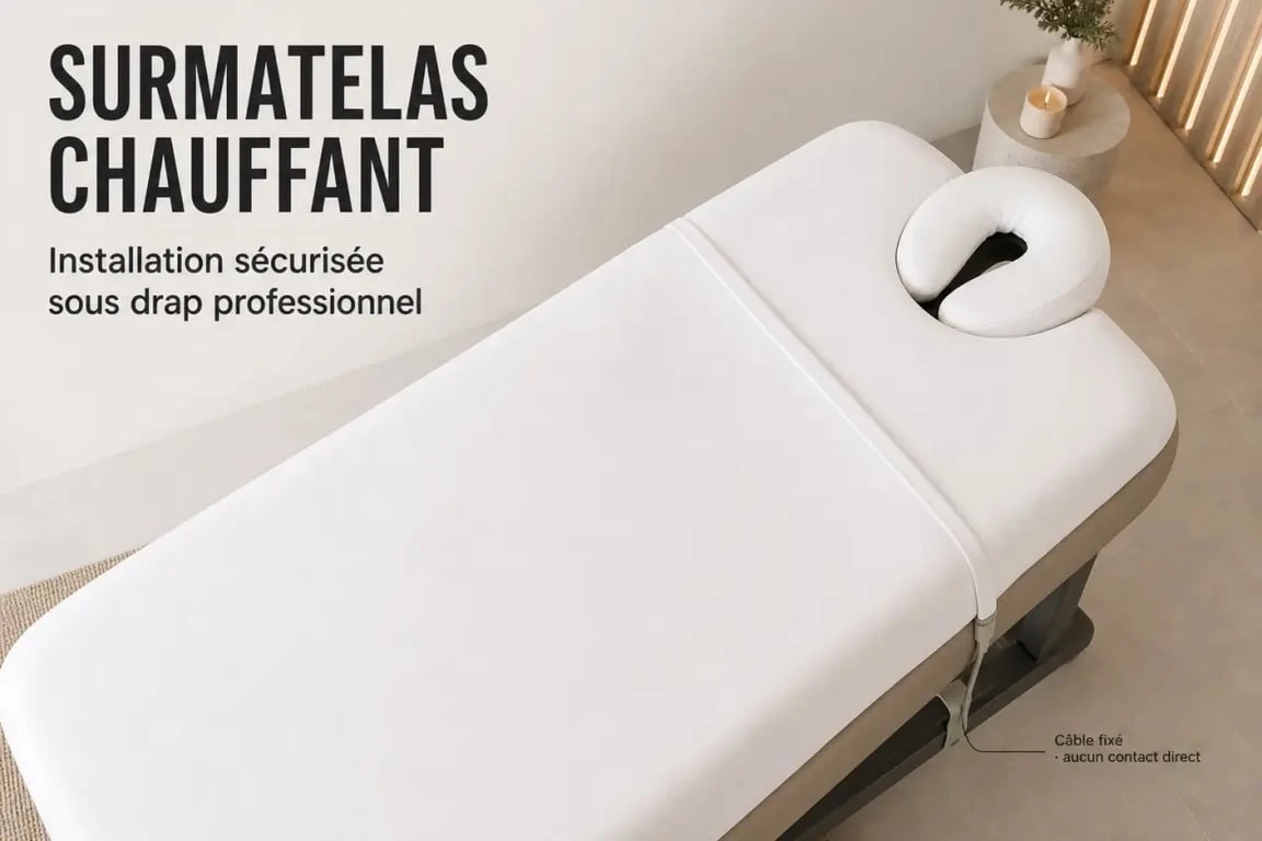 Installation professionnelle d'un surmatelas chauffant sur une table de massage pour un confort optimal
