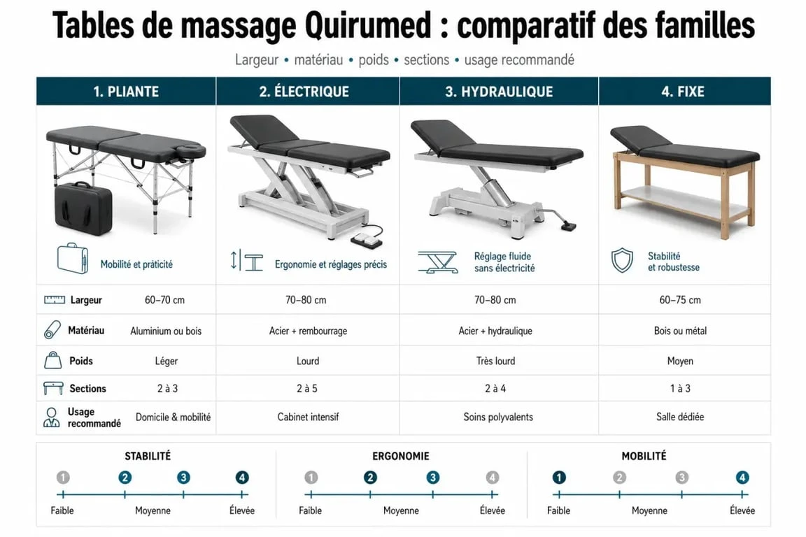 Comparatif Quirumed table massage : familles de tables de massage, dimensions et matériaux
