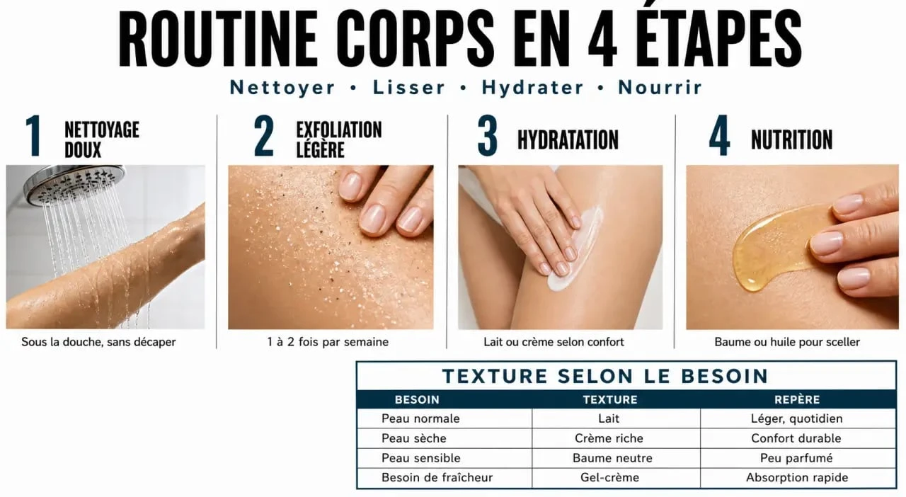 Infographie sur le soin corps avec routine, exfoliation et hydratation selon le type de peau