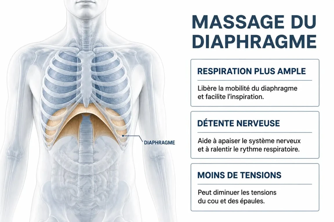 Massage diaphragme bienfaits : schéma du diaphragme et de ses effets sur la respiration et la détente