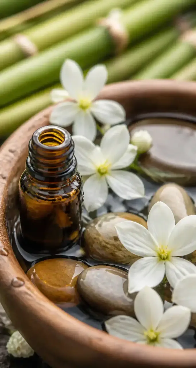 Huiles essentielles au jasmin, galets et bol en bois pour soins du corps