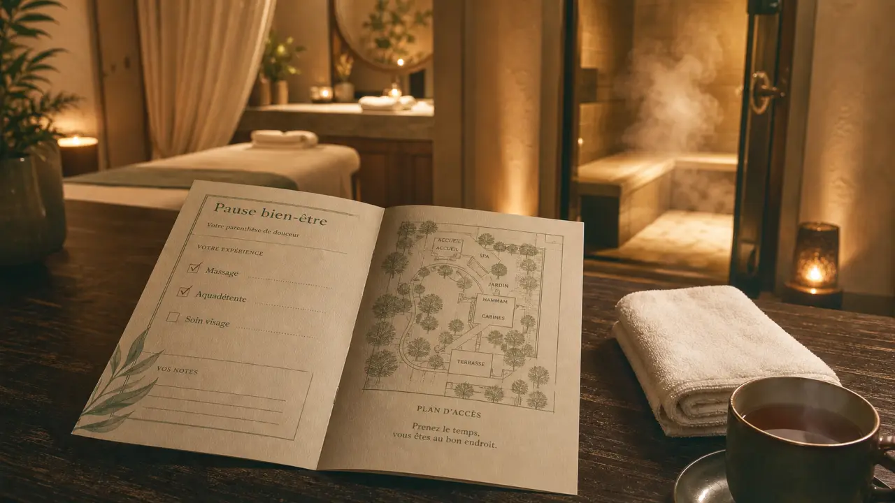 Le spa : brochure massages et hammam, serviette et tisane