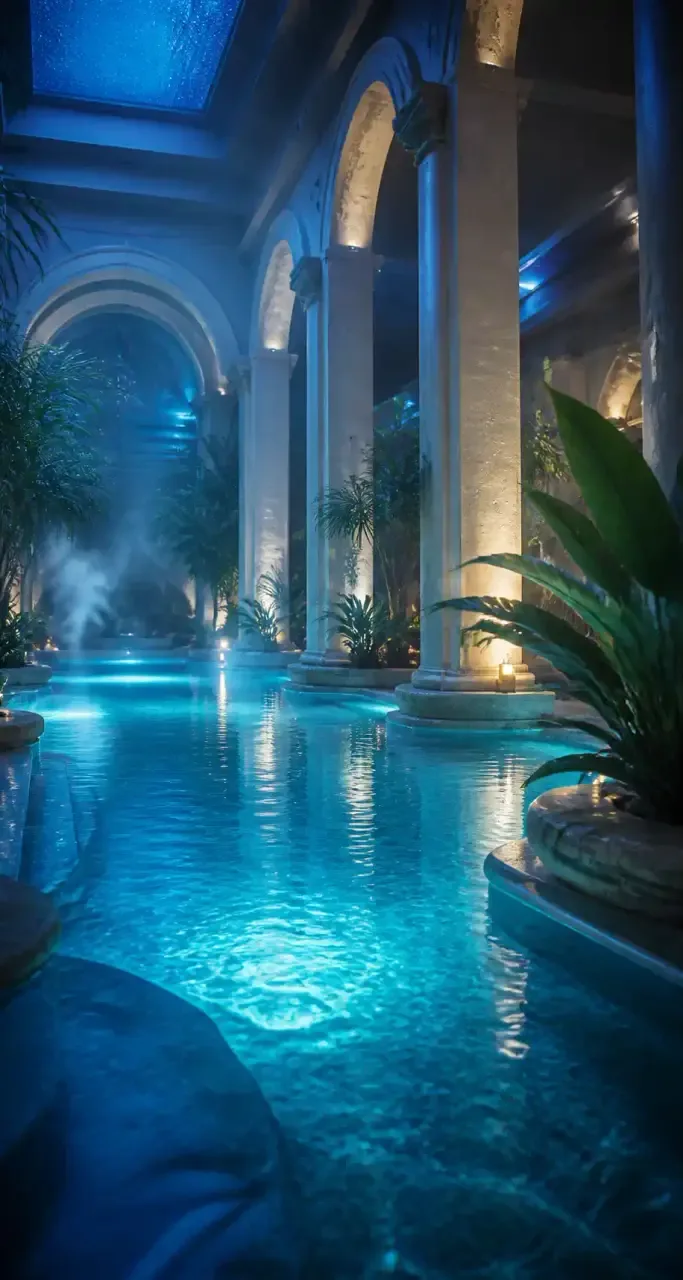 Piscine int&eacute;rieure de spa aux eaux turquoise enveloppant une l&eacute;g&egrave;re vapeur