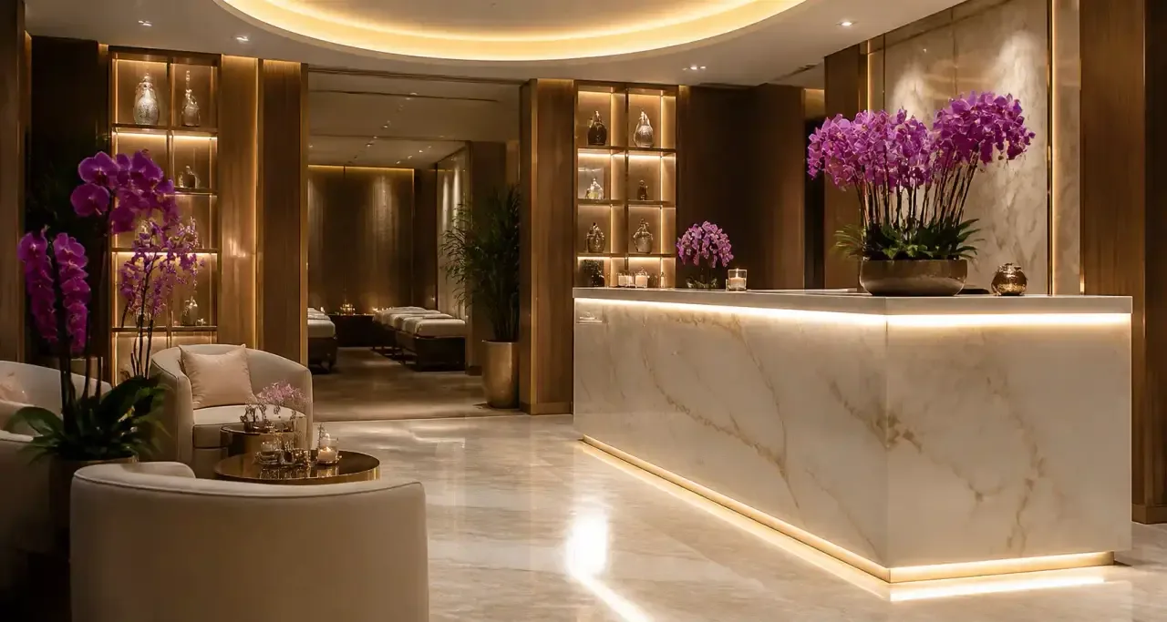 R&eacute;ception d'un spa moderne en marbre orn&eacute;e d'orchid&eacute;es