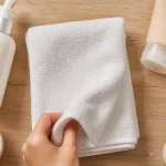 Soin corps : produits nettoyer, exfolier, hydrater sur serviette blanche