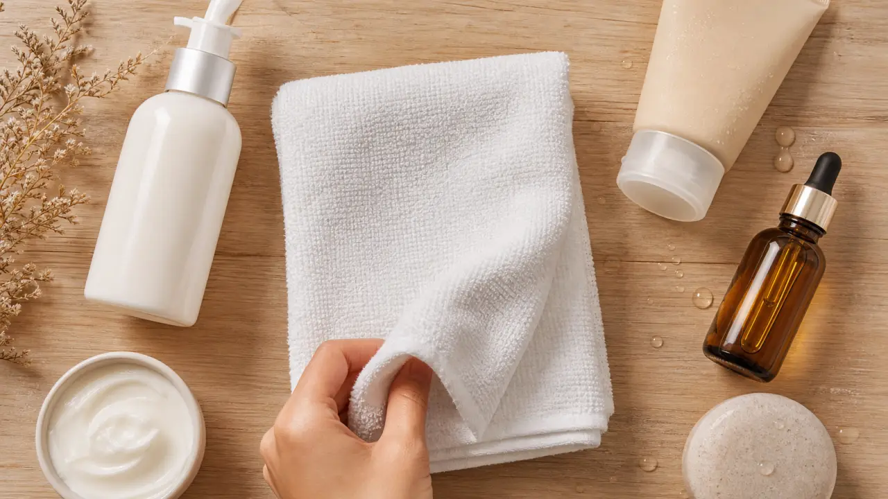Soin corps : produits nettoyer, exfolier, hydrater sur serviette blanche