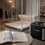 Cabine hammam prête à installer vitrée, près d’un sol carrelé