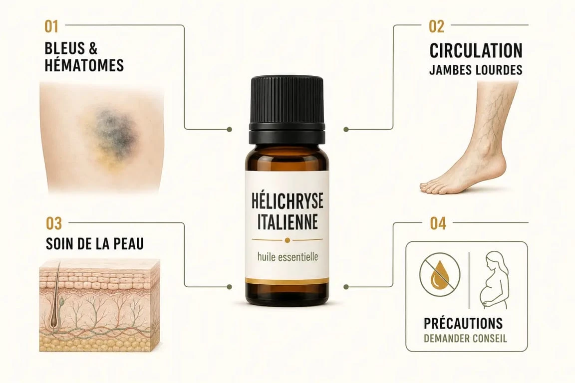 Huiles essentielles hélichryse : usages pour bleus, circulation, peau et précautions