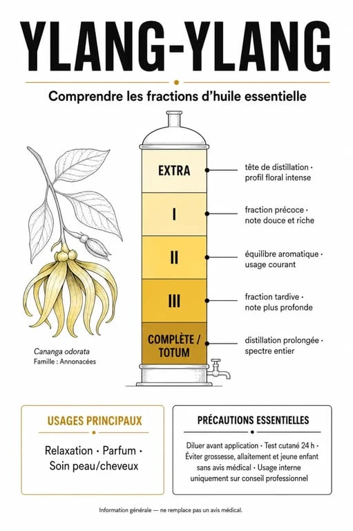 Infographie sur les huiles essentielles yang yang : fractions extra, I, II, III et complète, usages et précautions