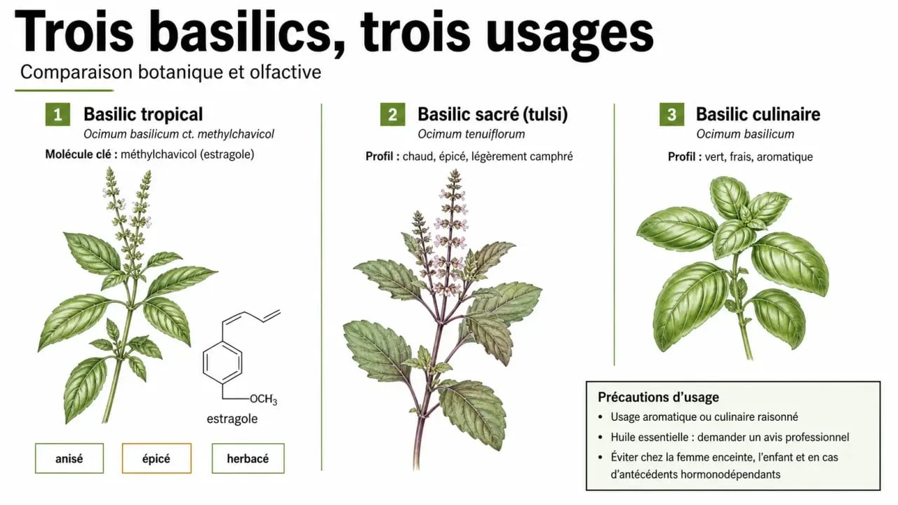Huiles essentielles basilic tropical : comparaison botanique, molécule clé et précautions d’usage