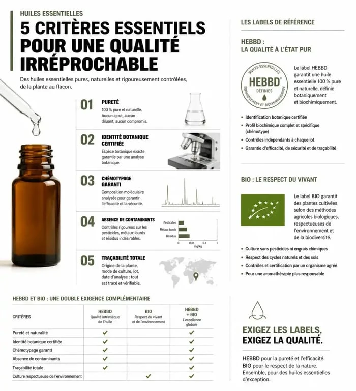 Infographie sur les critères de qualité d'un coffret huiles essentielles : labels HEBBD et Bio