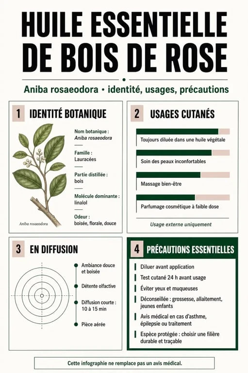 Infographie sur les huiles essentielles bois de rose : identité, usages et précautions