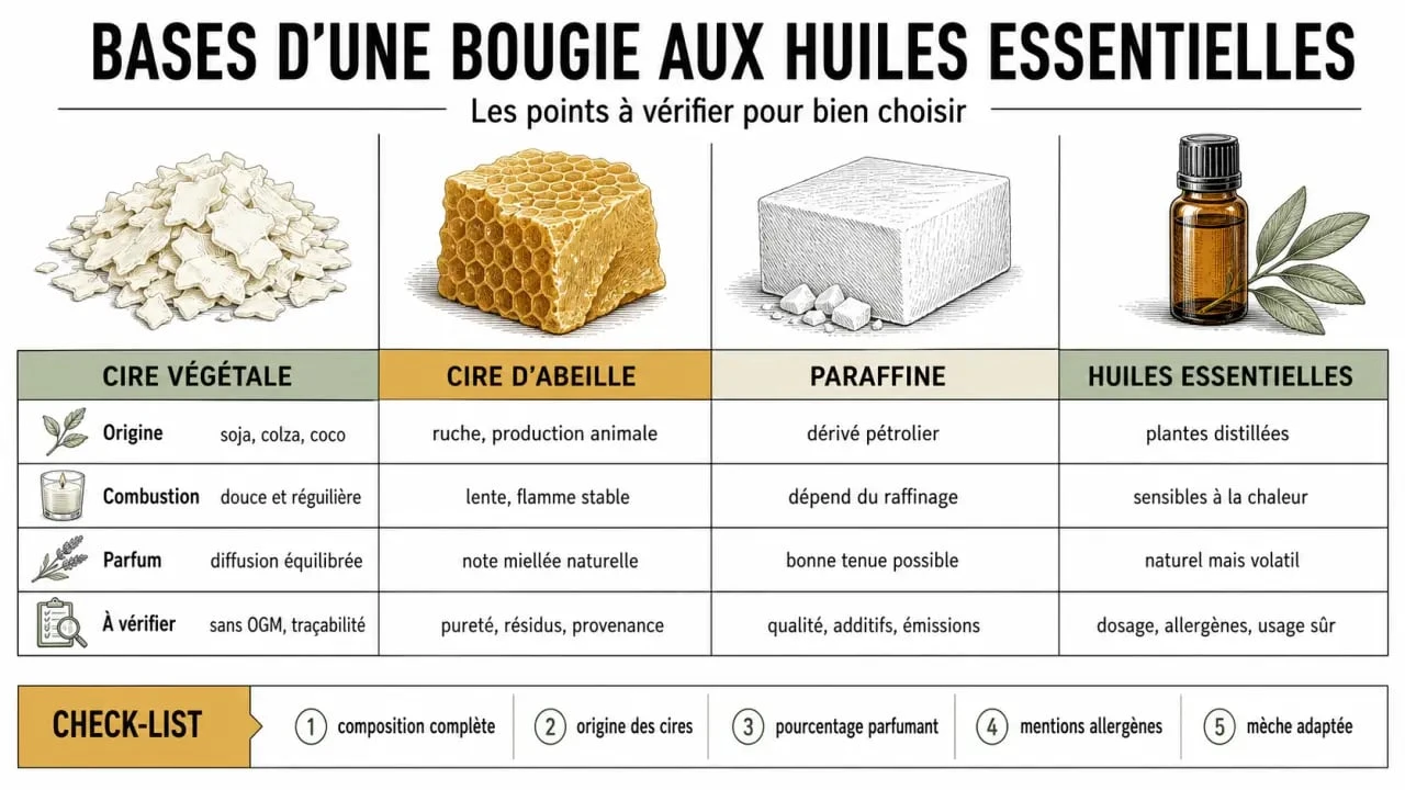 Bougie aux huiles essentielles : comparaison visuelle des cires et des ingrédients