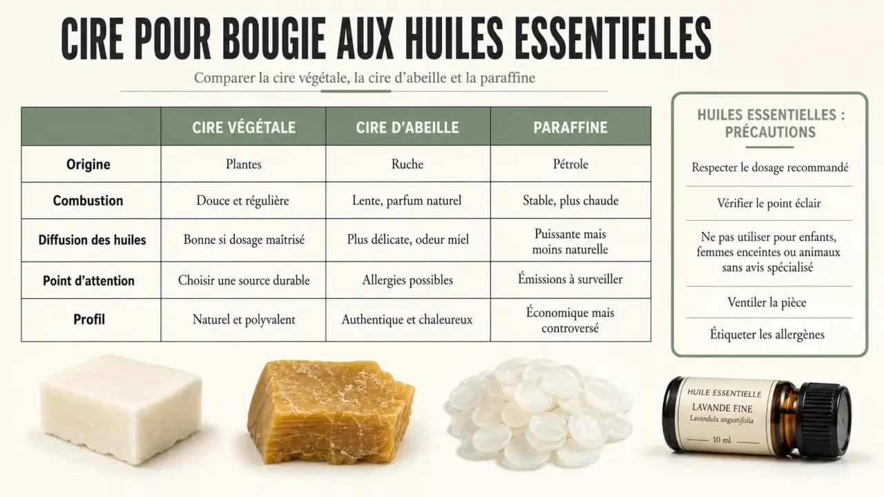 Bougie aux huiles essentielles : comparaison visuelle entre cire végétale, cire d’abeille et paraffine