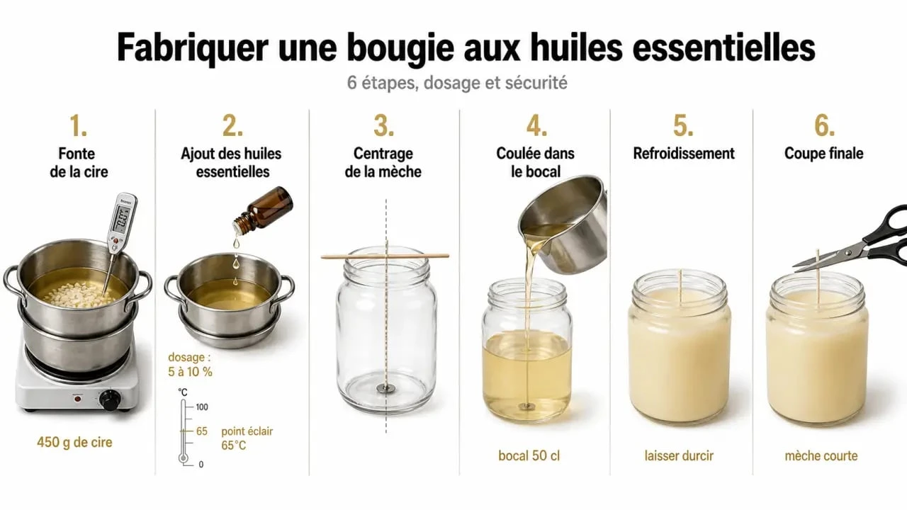 Bougie aux huiles essentielles : fabrication pas à pas avec dosage et gestes clés