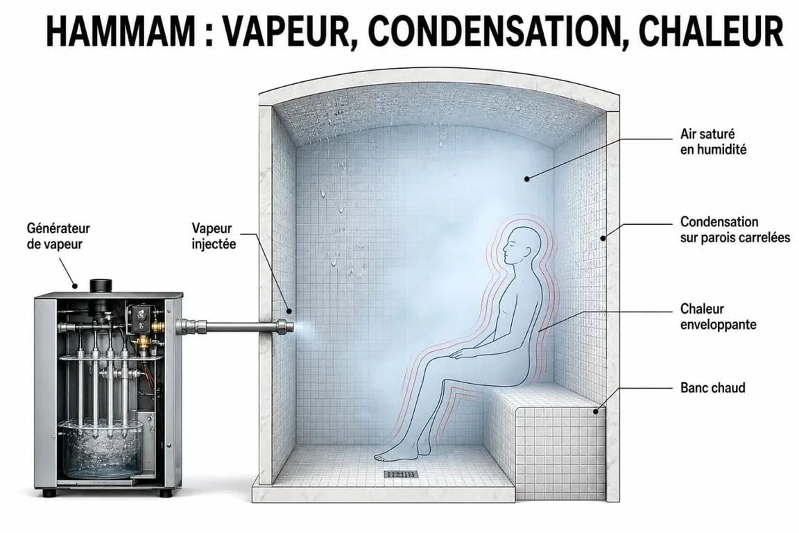 Température hammam expliquée par un schéma du fonctionnement de la vapeur