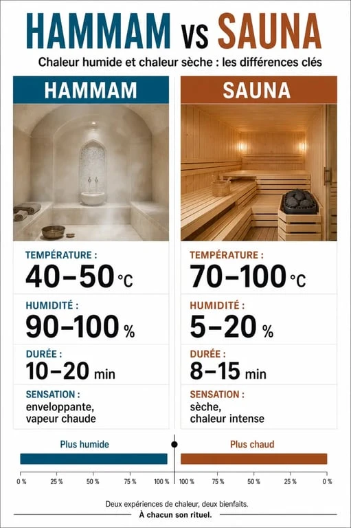 Température hammam comparée au sauna dans un visuel éditorial