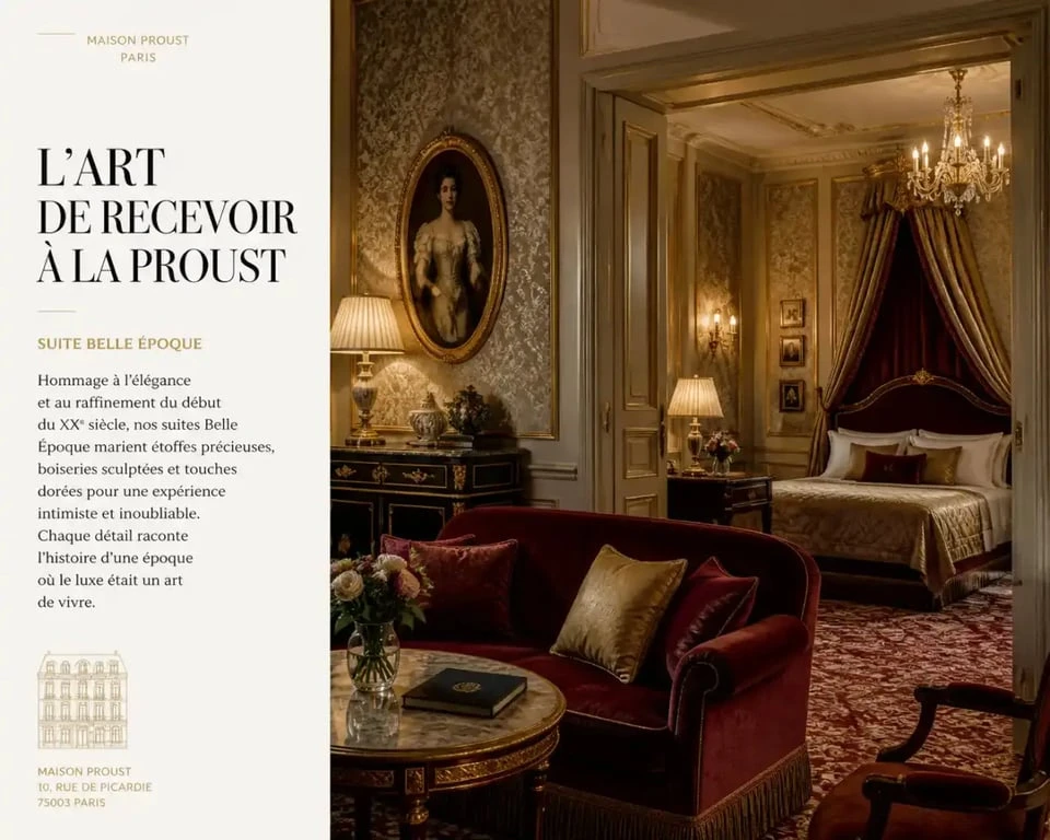 Suite luxueuse de la Maison Proust hotel & spa la mer, décoration Belle Époque