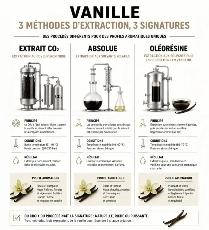 Infographie comparative des méthodes d'extraction pour les huiles essentielles de vanille et extraits naturels