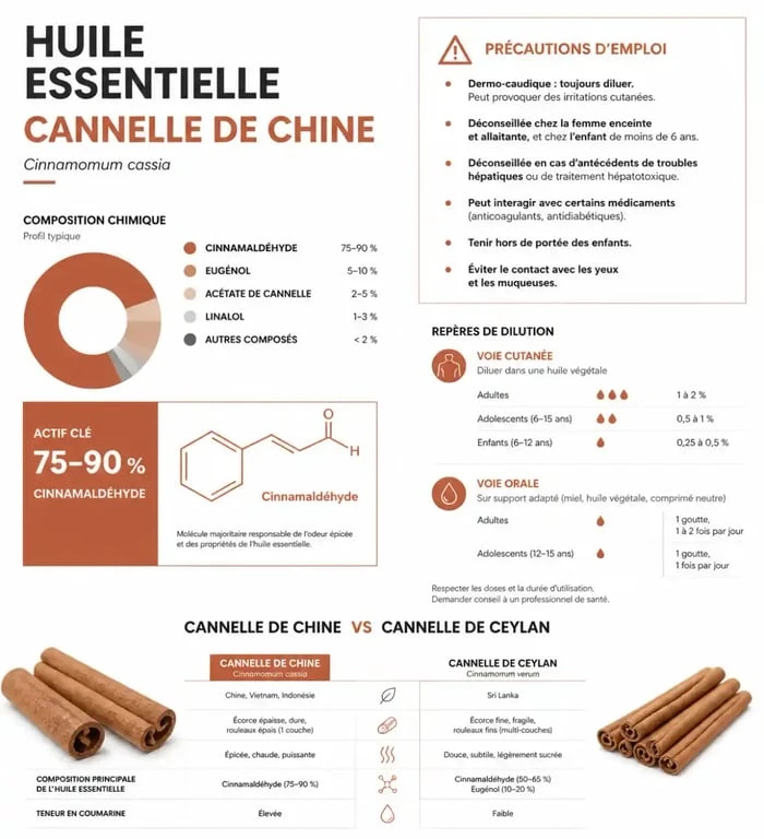 Huiles essentielles cannelle de Chine : composition, dilutions et précautions d’emploi
