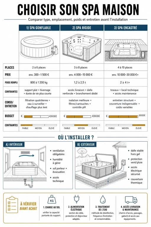 Infographie comparative spa maison : types, prix, places et contraintes d’installation