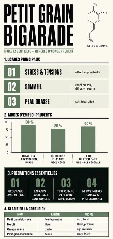 Huiles essentielles petit grain bigarade : usages, dosages et précautions en un visuel éditorial