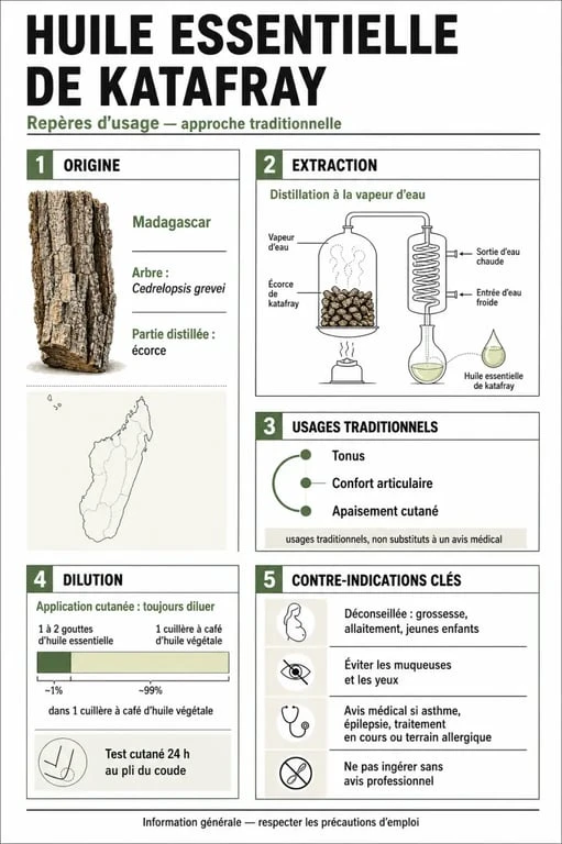 Infographie sur les huiles essentielles katafray : origine, usages et précautions