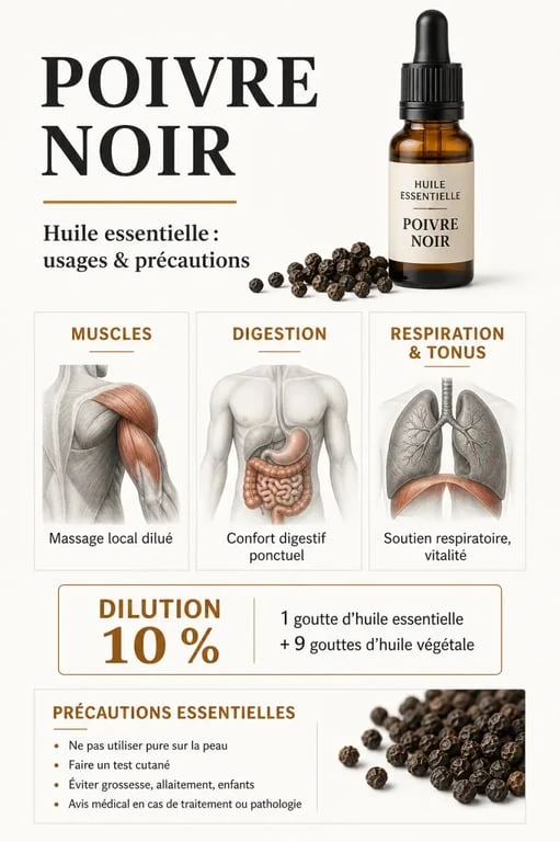 Huiles essentielles de poivre noir : infographie sur les usages, la dilution et les précautions