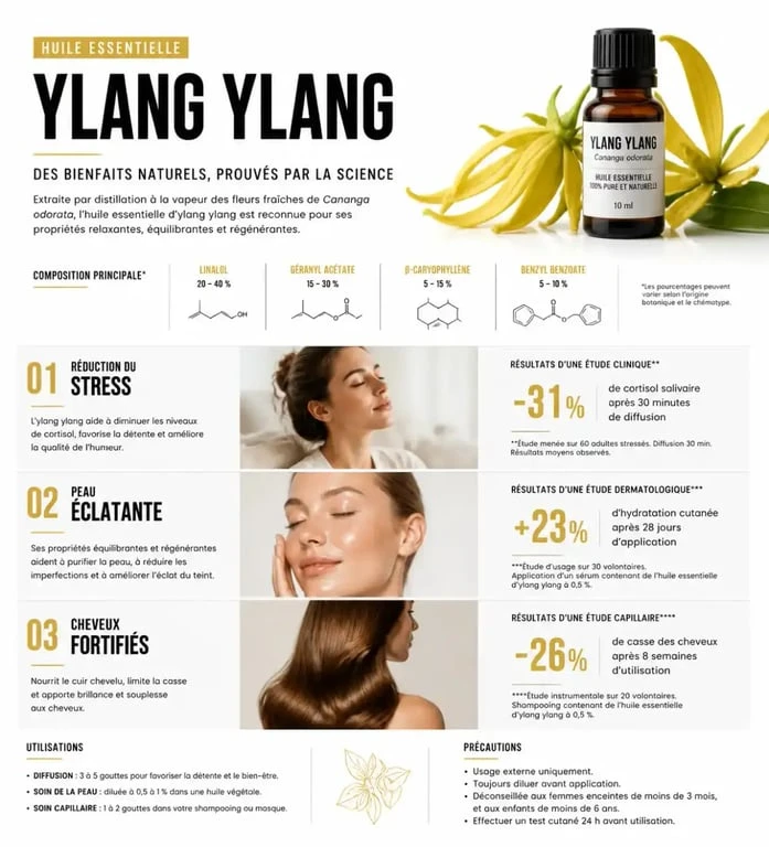 Infographie des bienfaits et usages de l'huile essentielle ylang ylang pour la santé et la beauté