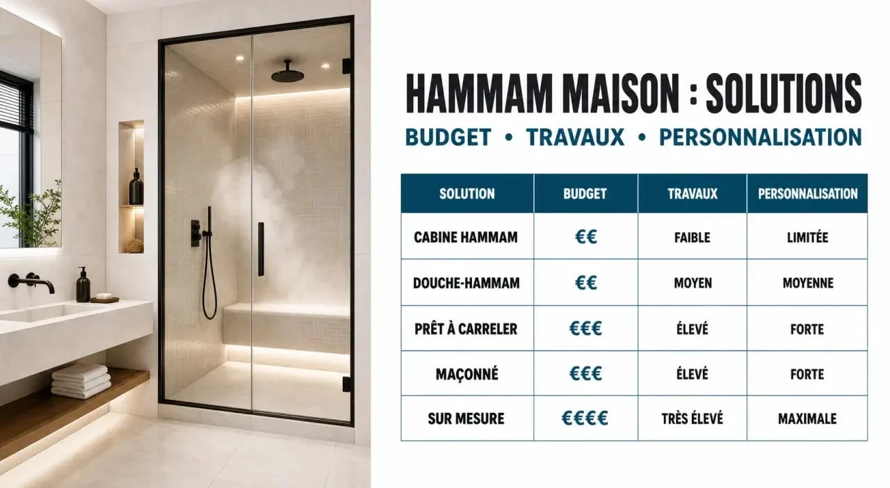 Hammam maison : comparaison visuelle des types d'installation et des budgets