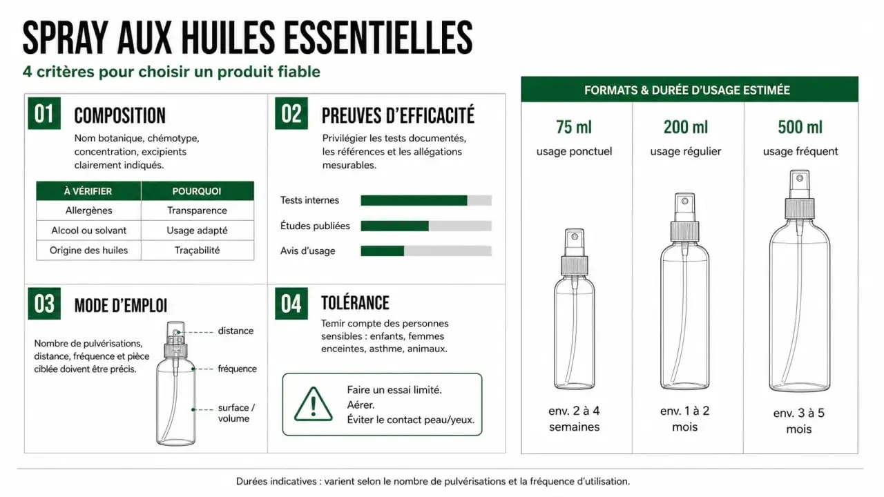Infographie sur le spray huiles essentielles : critères de choix, formats et précautions