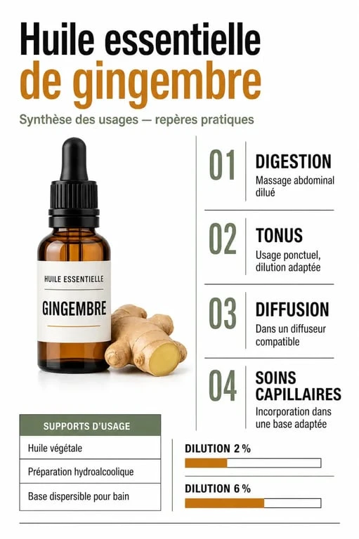 Infographie sur les huiles essentielles gingembre : usages, supports de dilution et repères essentiels