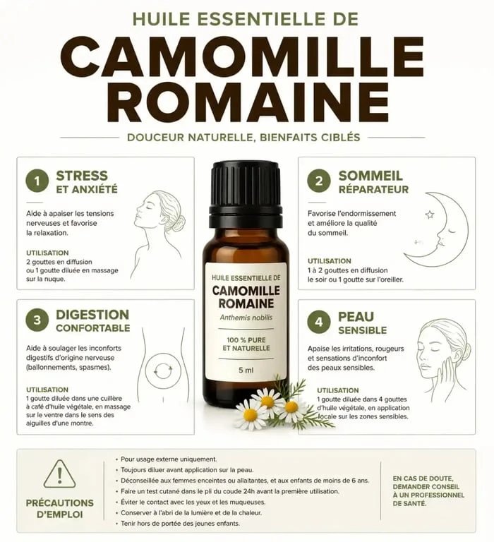 Huiles essentielles camomille romaine : usages pour le stress, le sommeil, la digestion et la peau sensible