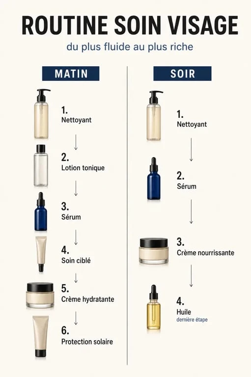Routine soin visage : ordre d’application du matin et du soir en schéma éditorial