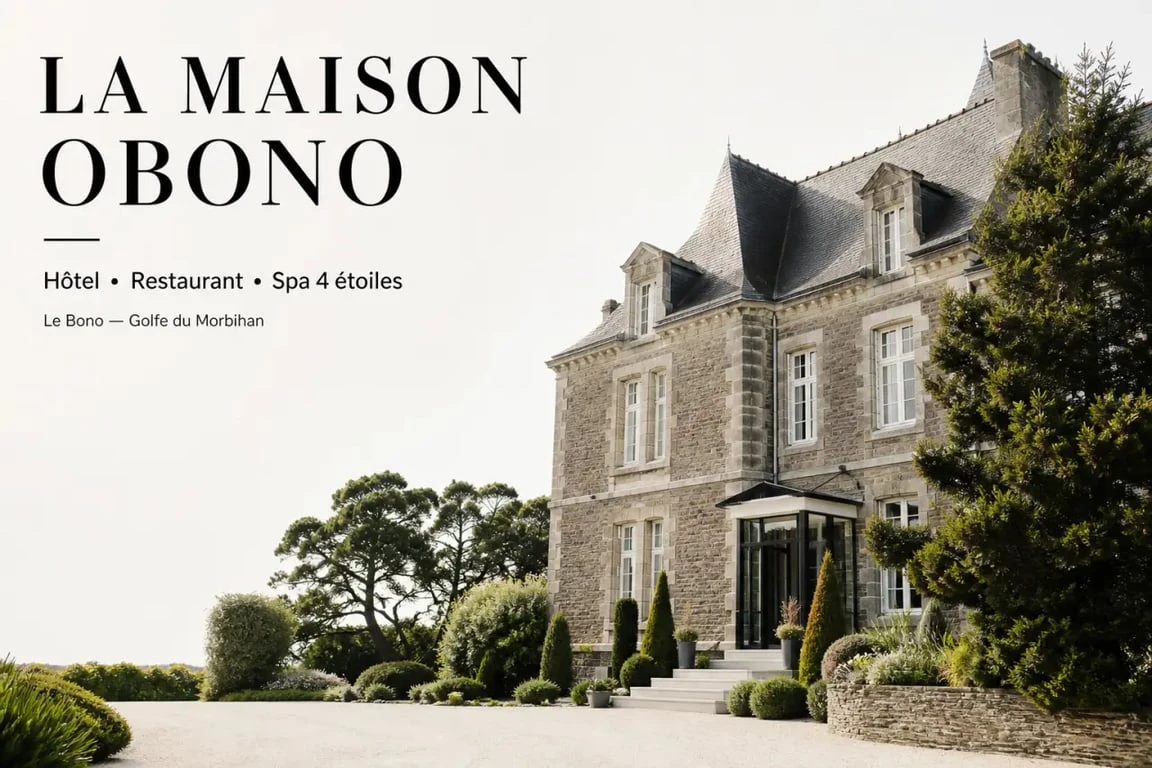 La Maison OBONO hôtel restaurant & spa au Bono, façade du manoir breton et jardins paysagers