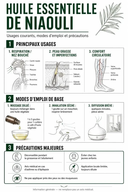 Infographie huiles essentielles niaouli : usages, modes d’emploi et précautions