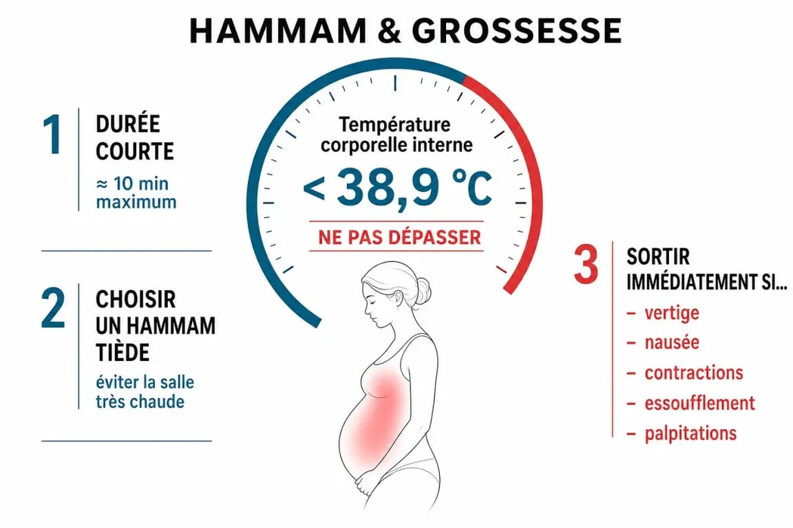 Hammam enceinte : température à ne pas dépasser, durée courte et signaux d’alerte pendant la grossesse