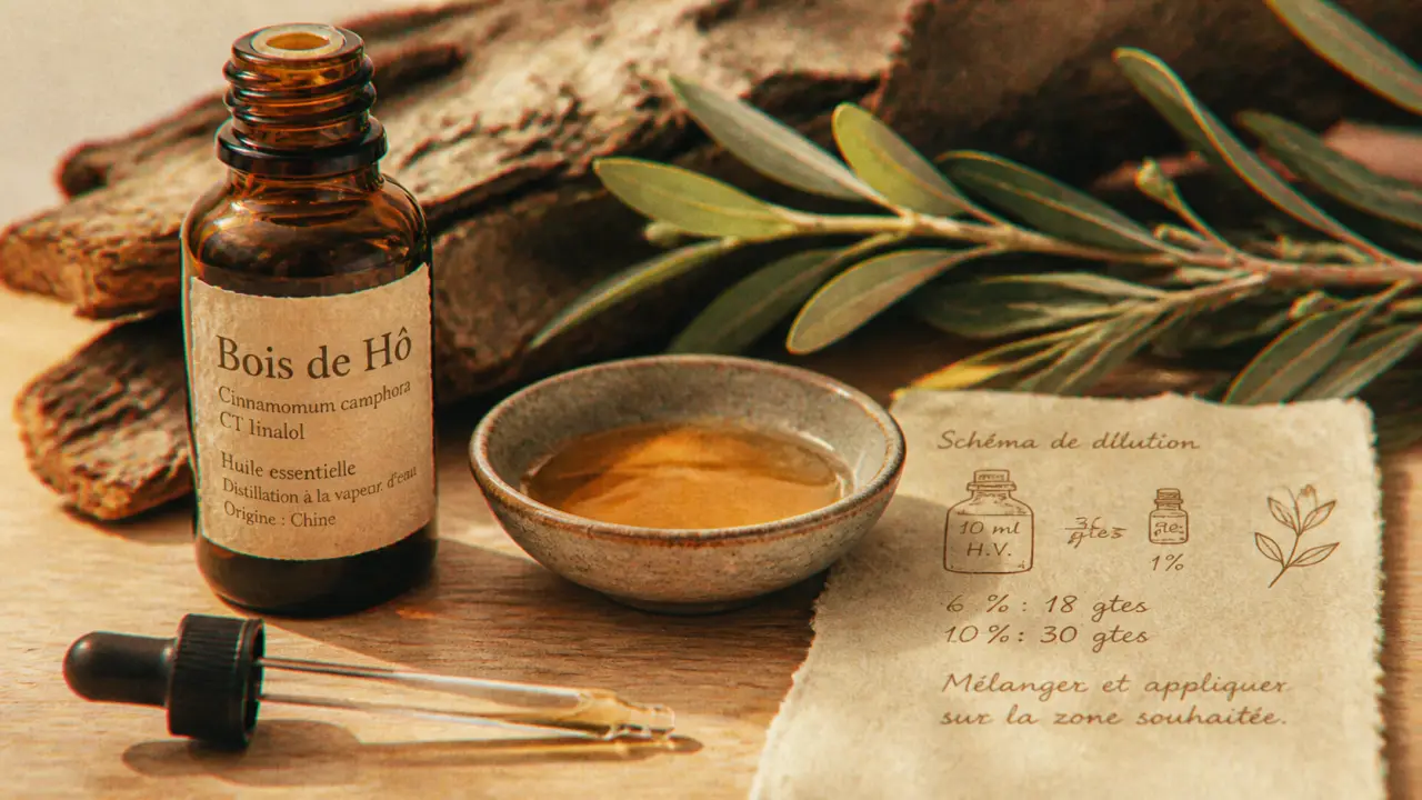 Huiles essentielles bois de ho, flacon ambre et dilution pour la peau