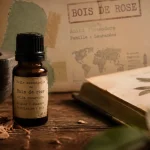 Flacon d’huiles essentielles bois de rose ambré, mortier et copeaux de bois