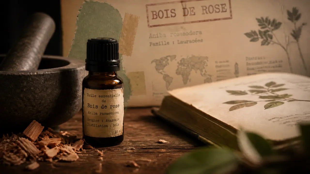 Flacon d’huiles essentielles bois de rose ambré, mortier et copeaux de bois