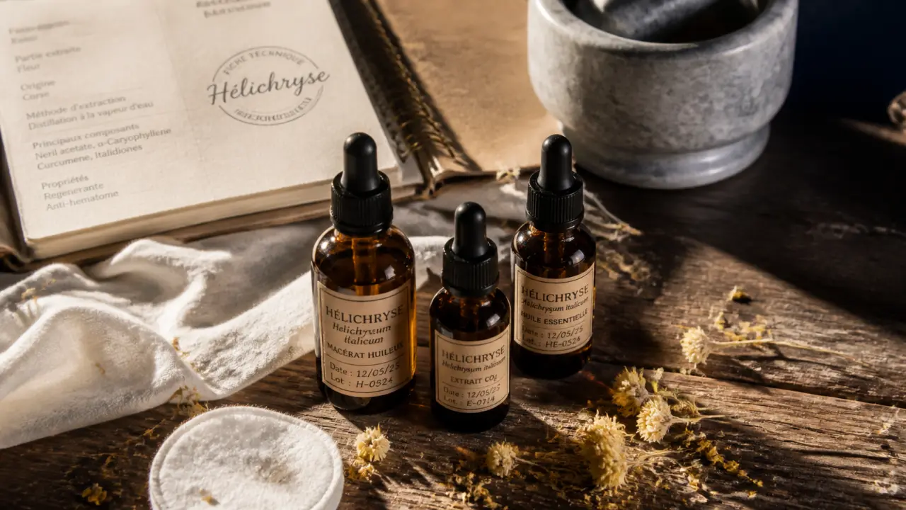 Huiles essentielles hélichryse pour bleus, circulation et peau : fioles et pétales sur table