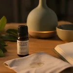 Huiles essentielles petit grain bigarade sur table bois, pour apaiser le stress et préparer le sommeil