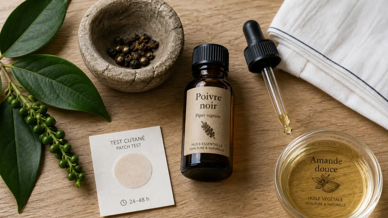 Huiles essentielles de poivre noir, flacon et grains de Piper nigrum, dosage pour douleurs, digestion, respiration