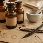 Huiles essentielles vanille : flacons ambrés et gousse Vanilla planifolia