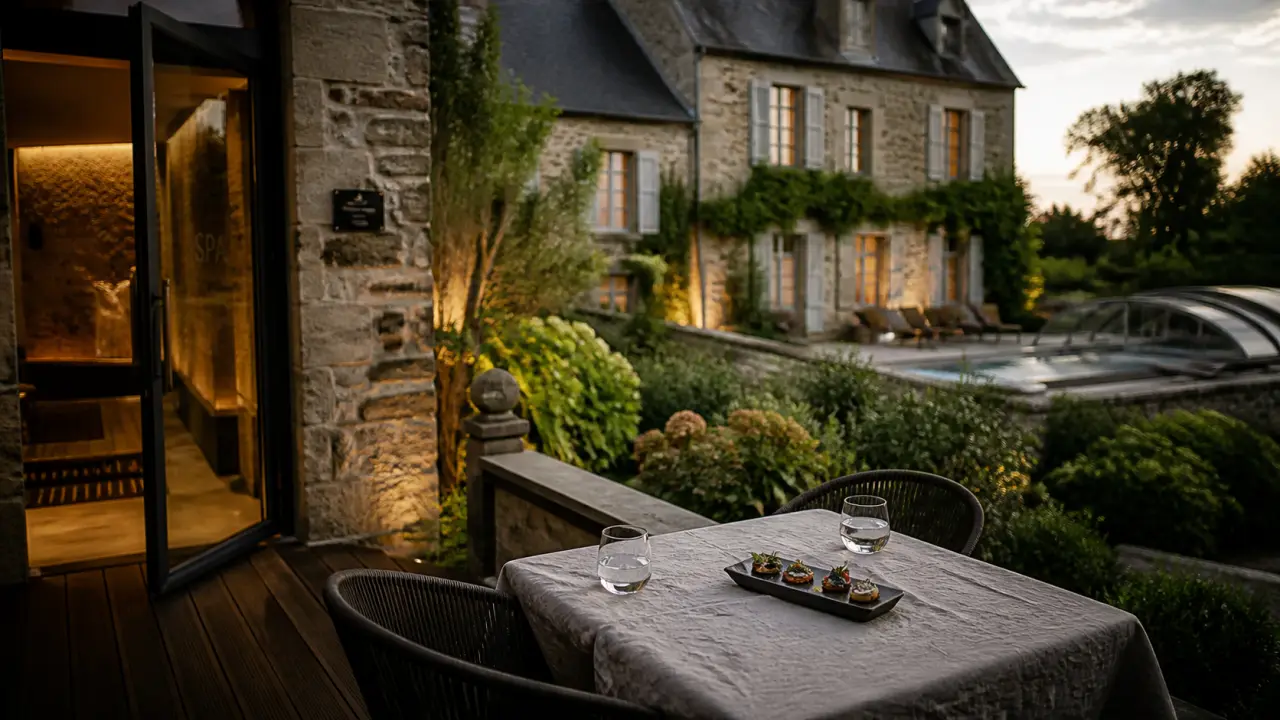 La maison obono hôtel restaurant & spa au Bono : terrasse, spa, piscine extérieure