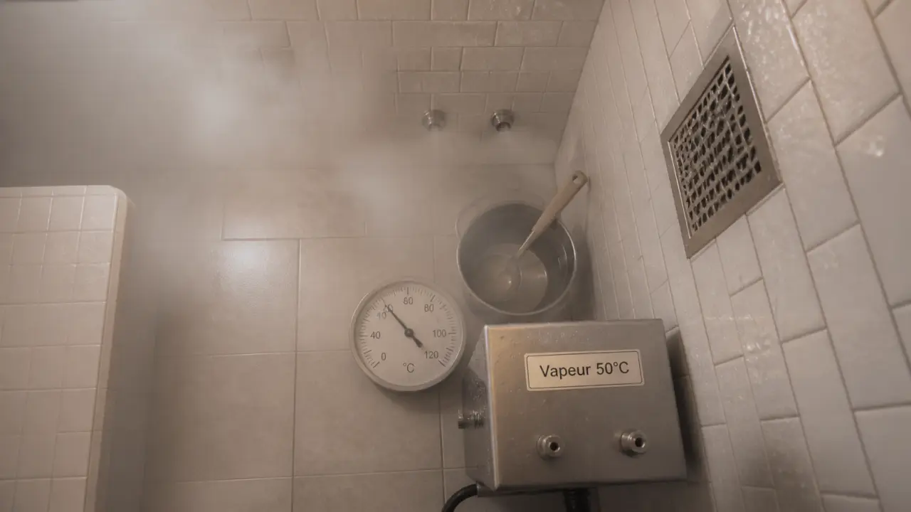 Température hammam : 50°C, vapeur 100% dans un petit hammam