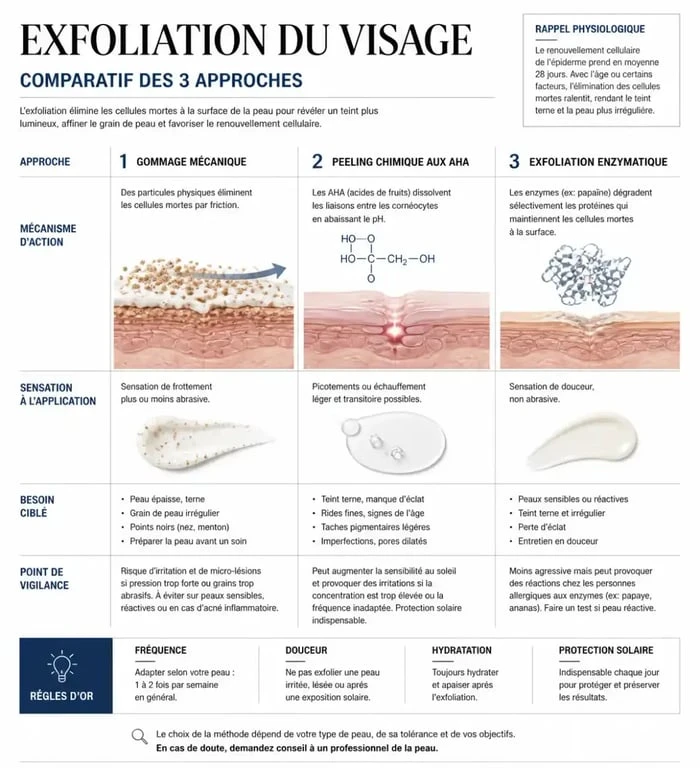 Soin exfoliant visage : comparaison du gommage mécanique, du peeling chimique et de l'exfoliation enzymatique