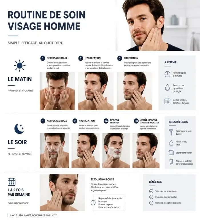Routine de soin pour le visage homme matin et soir avec nettoyage, hydratation et rasage