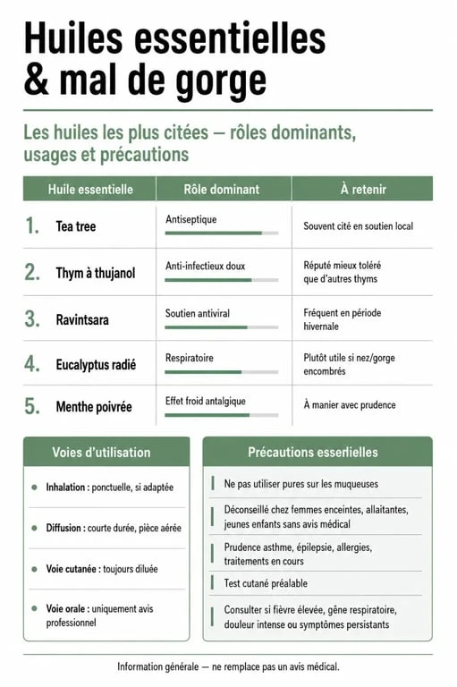 Infographie sur les huiles essentielles mal de gorge avec les huiles utiles, les modes d’utilisation et les précautions